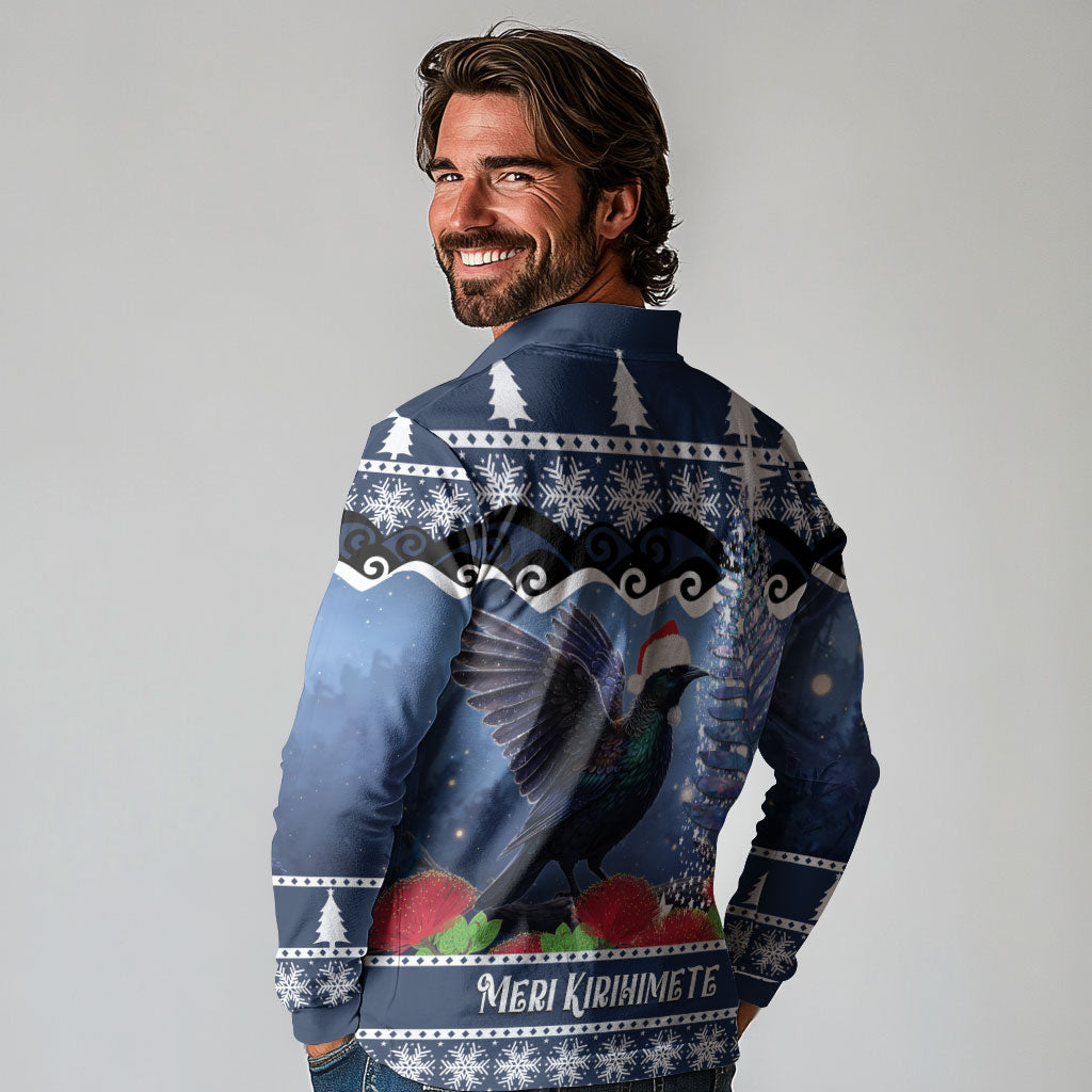 New Zealand Tui Bird Christmas Long Sleeve Polo Shirt Pohutukawa Xmas Tree Meri Kirihimete LT22 - Polynesian Pride
