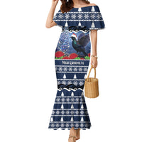 New Zealand Tui Bird Christmas Mermaid Dress Pohutukawa Xmas Tree Meri Kirihimete LT22 Women Blue - Polynesian Pride