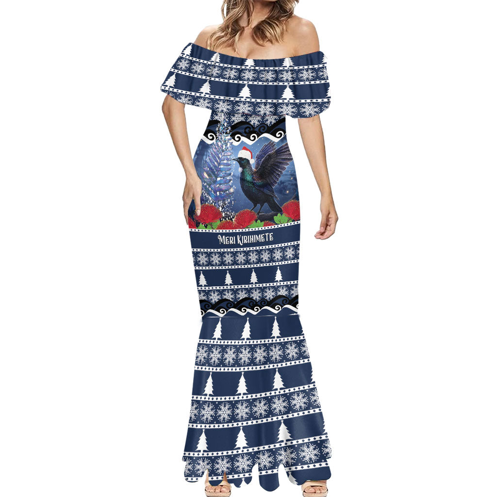 New Zealand Tui Bird Christmas Mermaid Dress Pohutukawa Xmas Tree Meri Kirihimete LT22 - Polynesian Pride
