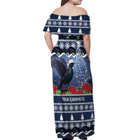 New Zealand Tui Bird Christmas Off Shoulder Maxi Dress Pohutukawa Xmas Tree Meri Kirihimete