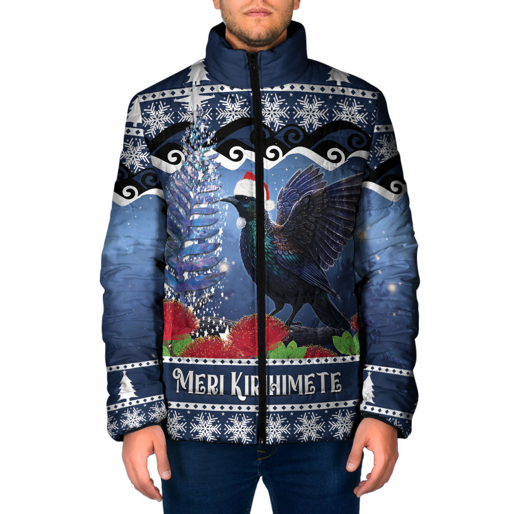 New Zealand Tui Bird Christmas Padded Jacket Pohutukawa Xmas Tree Meri Kirihimete