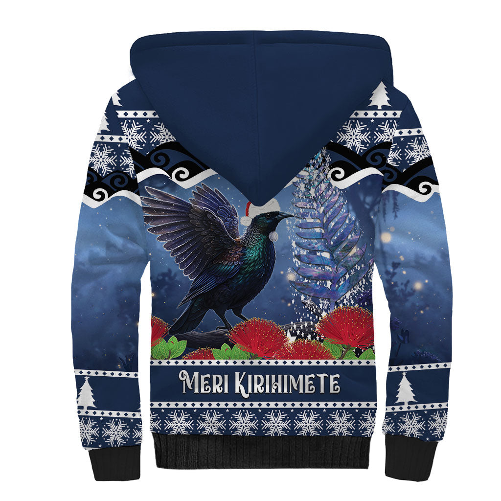 New Zealand Tui Bird Christmas Sherpa Hoodie Pohutukawa Xmas Tree Meri Kirihimete LT22 - Polynesian Pride