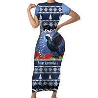 New Zealand Tui Bird Christmas Short Sleeve Bodycon Dress Pohutukawa Xmas Tree Meri Kirihimete LT22 Long Dress Blue - Polynesian Pride