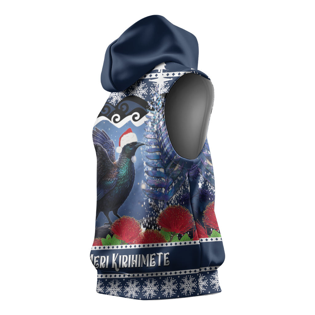 New Zealand Tui Bird Christmas Sleeveless Hoodie Pohutukawa Xmas Tree Meri Kirihimete LT22 - Polynesian Pride