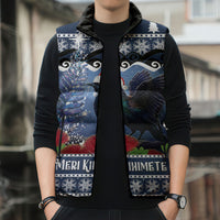 New Zealand Tui Bird Christmas Sleeveless Puffer Jacket Pohutukawa Xmas Tree Meri Kirihimete