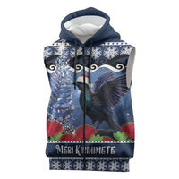 New Zealand Tui Bird Christmas Sleeveless Zip Hoodie Pohutukawa Xmas Tree Meri Kirihimete LT22 Blue - Polynesian Pride