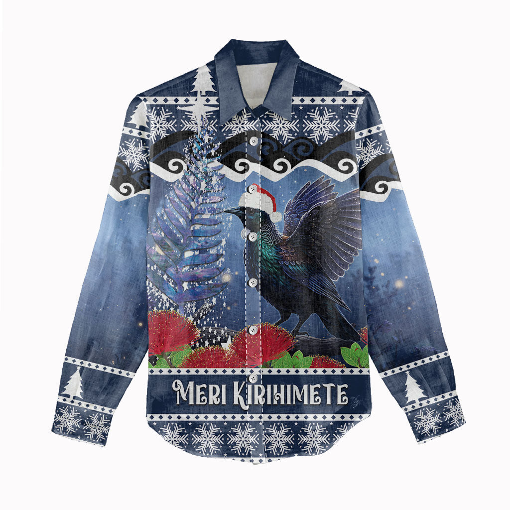 New Zealand Tui Bird Christmas Women Casual Shirt Pohutukawa Xmas Tree Meri Kirihimete LT22 - Polynesian Pride