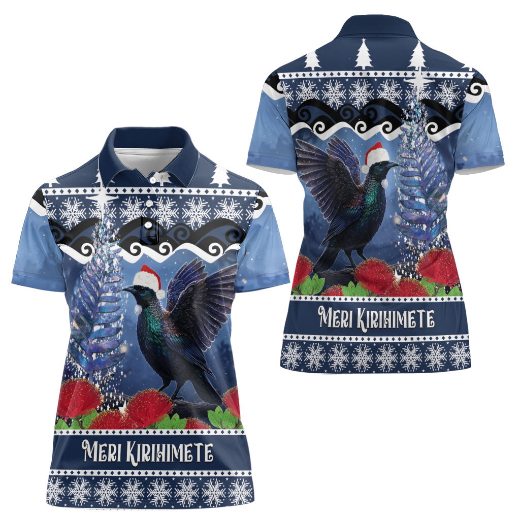 New Zealand Tui Bird Christmas Women Polo Shirt Pohutukawa Xmas Tree Meri Kirihimete LT22 - Polynesian Pride