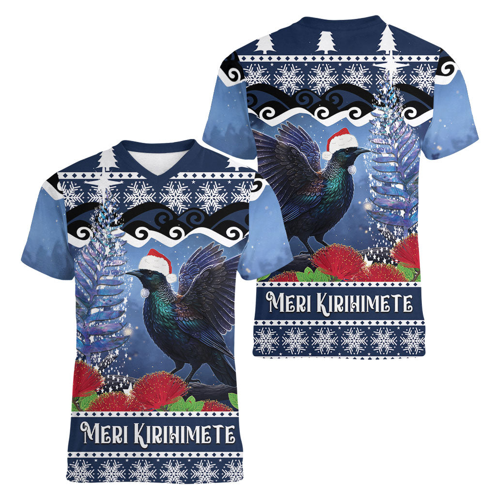 New Zealand Tui Bird Christmas Women V-Neck T-Shirt Pohutukawa Xmas Tree Meri Kirihimete LT22 - Polynesian Pride