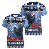 New Zealand Tui Bird Christmas Women V-Neck T-Shirt Pohutukawa Xmas Tree Meri Kirihimete LT22 - Polynesian Pride