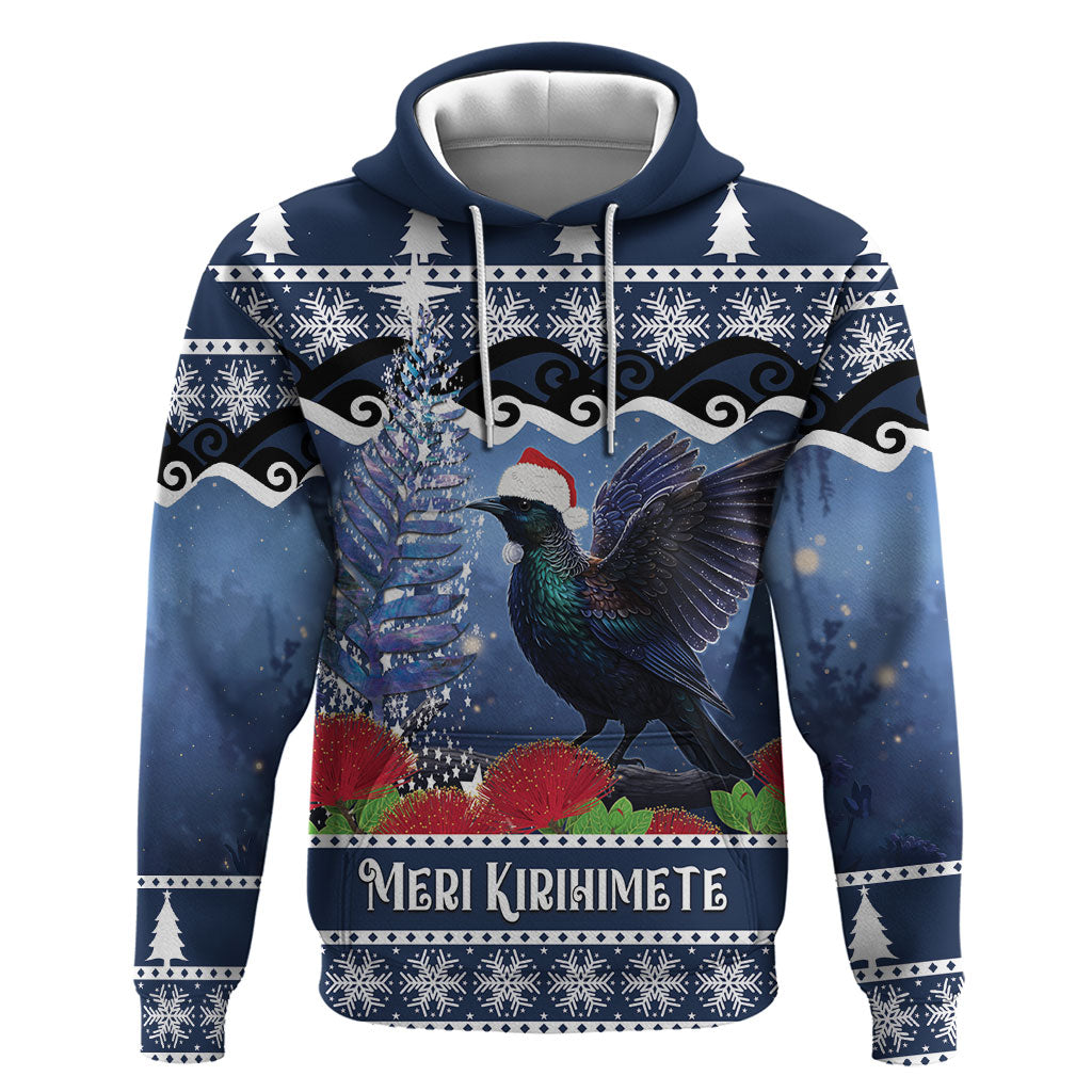 New Zealand Tui Bird Christmas Zip Hoodie Pohutukawa Xmas Tree Meri Kirihimete