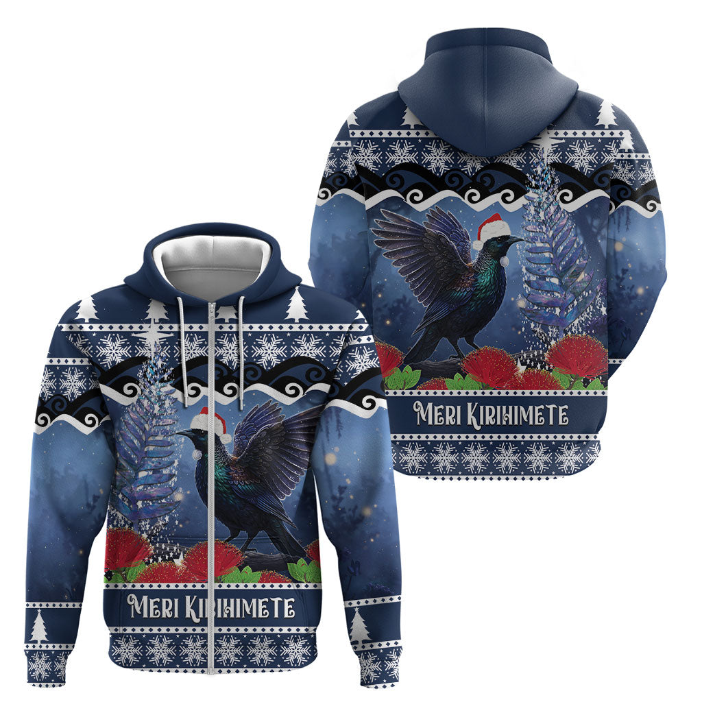New Zealand Tui Bird Christmas Zip Hoodie Pohutukawa Xmas Tree Meri Kirihimete