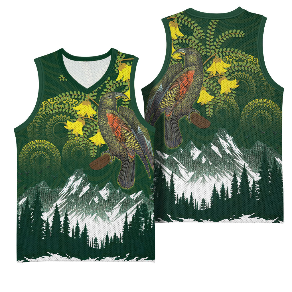 Kea Bird Kowhai New Zealand Basketball Jersey Mountain Landscape Maori Art