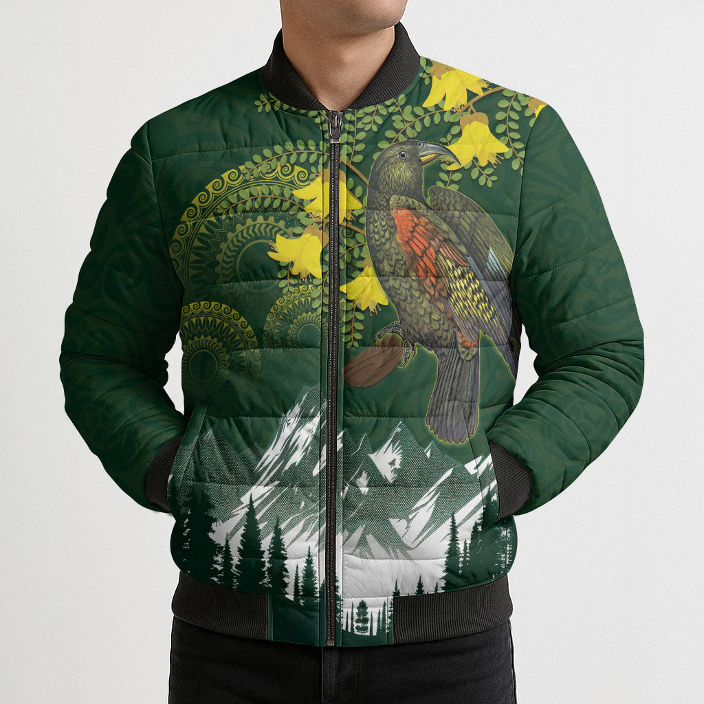 Kea Bird Kowhai New Zealand Bomber Puffer Jacket Mountain Landscape Maori Art