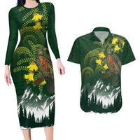 Kea Bird Kowhai New Zealand Couples Matching Long Sleeve Bodycon Dress and Hawaiian Shirt Mountain Landscape Maori Art LT22 Green - Polynesian Pride