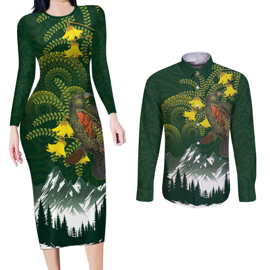 Kea Bird Kowhai New Zealand Couples Matching Long Sleeve Bodycon Dress and Long Sleeve Button Shirt Mountain Landscape Maori Art LT22 Green - Polynesian Pride