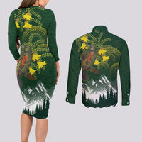 Kea Bird Kowhai New Zealand Couples Matching Long Sleeve Bodycon Dress and Long Sleeve Button Shirt Mountain Landscape Maori Art LT22 - Polynesian Pride