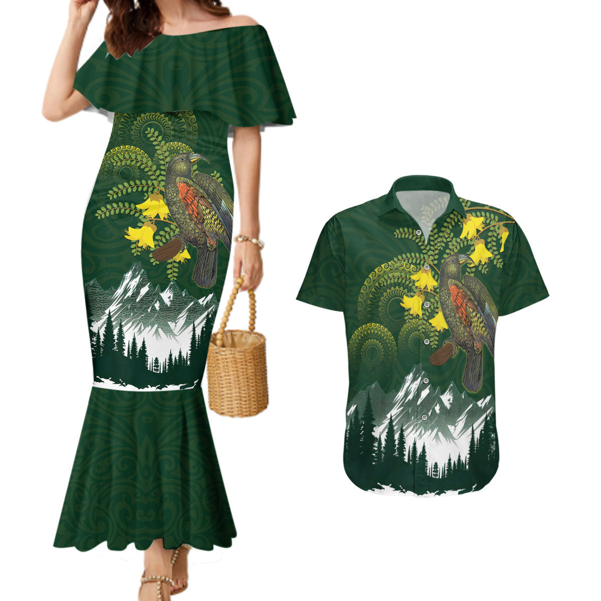 Kea Bird Kowhai New Zealand Couples Matching Mermaid Dress and Hawaiian Shirt Mountain Landscape Maori Art LT22 Green - Polynesian Pride