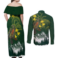 Kea Bird Kowhai New Zealand Couples Matching Off Shoulder Maxi Dress and Long Sleeve Button Shirt Mountain Landscape Maori Art LT22 - Polynesian Pride