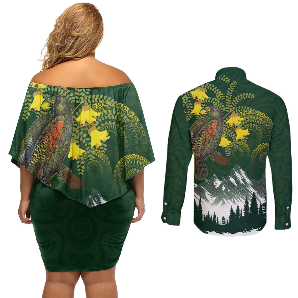 Kea Bird Kowhai New Zealand Couples Matching Off Shoulder Short Dress and Long Sleeve Button Shirt Mountain Landscape Maori Art LT22 - Polynesian Pride