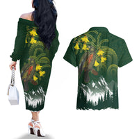 Kea Bird Kowhai New Zealand Couples Matching Off The Shoulder Long Sleeve Dress and Hawaiian Shirt Mountain Landscape Maori Art LT22 - Polynesian Pride