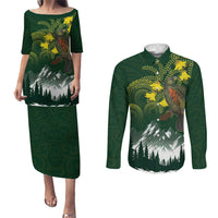 Kea Bird Kowhai New Zealand Couples Matching Puletasi and Long Sleeve Button Shirt Mountain Landscape Maori Art LT22 Green - Polynesian Pride