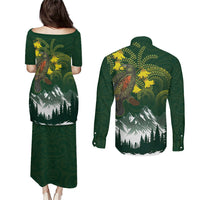 Kea Bird Kowhai New Zealand Couples Matching Puletasi and Long Sleeve Button Shirt Mountain Landscape Maori Art LT22 - Polynesian Pride