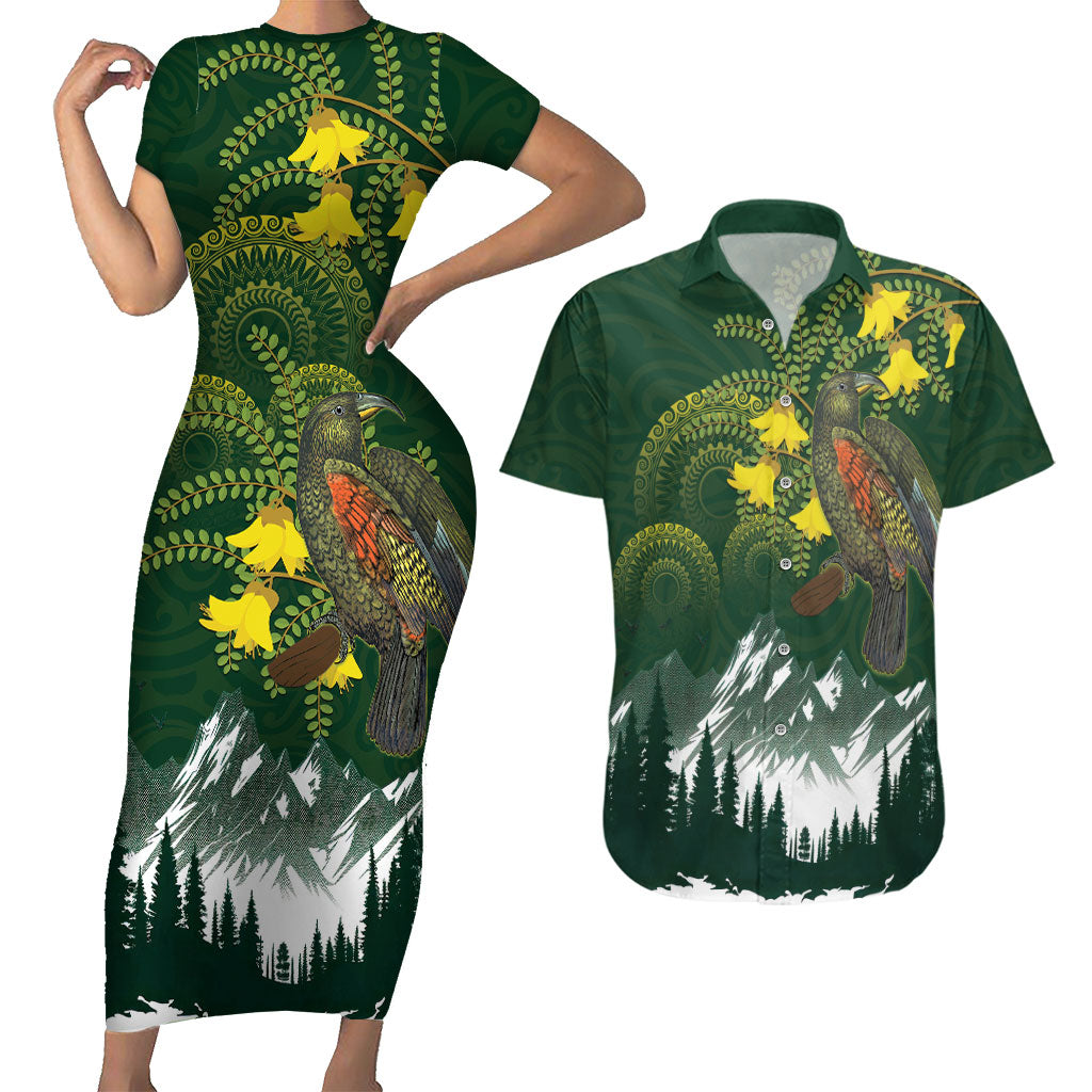 Kea Bird Kowhai New Zealand Couples Matching Short Sleeve Bodycon Dress and Hawaiian Shirt Mountain Landscape Maori Art LT22 Green - Polynesian Pride