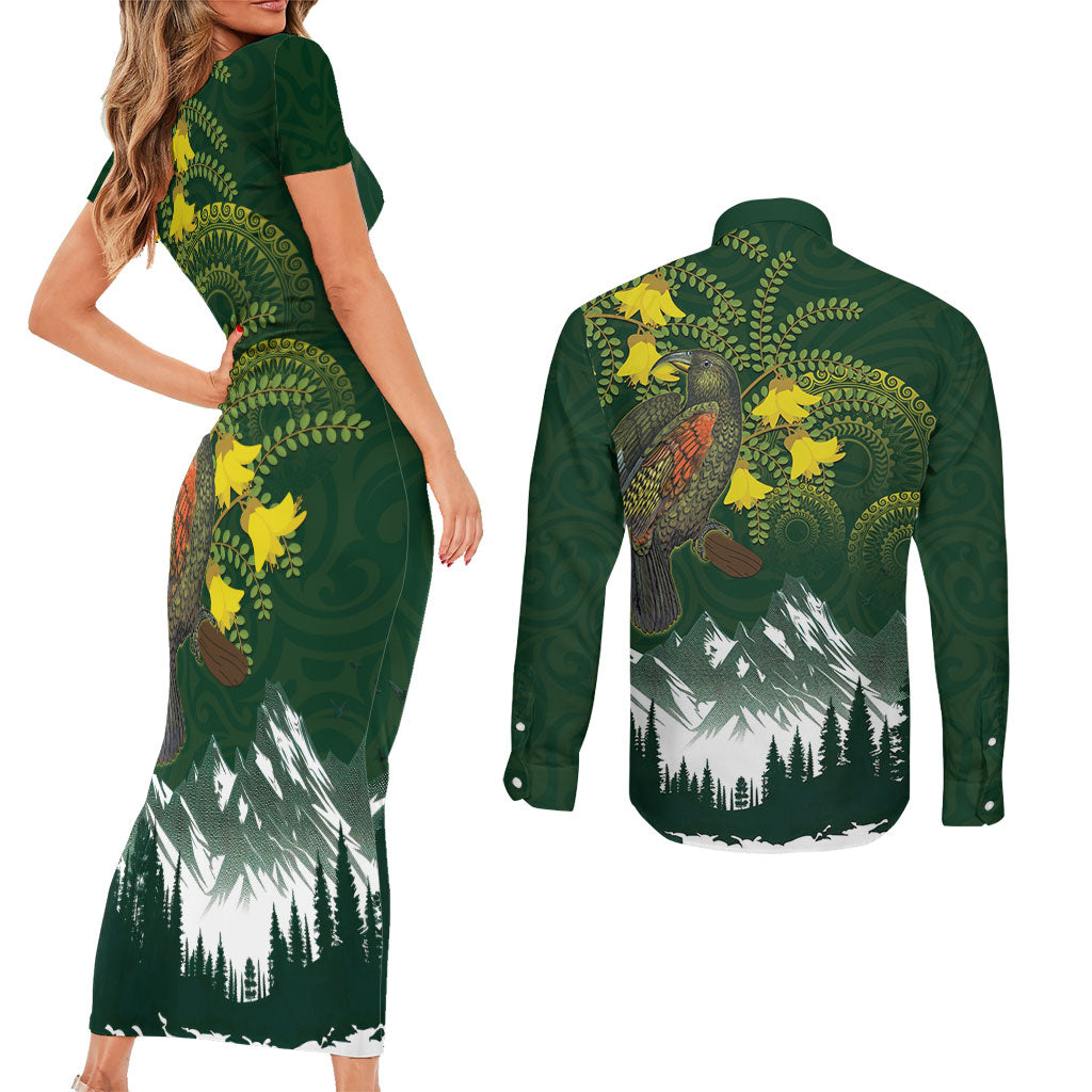 Kea Bird Kowhai New Zealand Couples Matching Short Sleeve Bodycon Dress and Long Sleeve Button Shirt Mountain Landscape Maori Art LT22 - Polynesian Pride