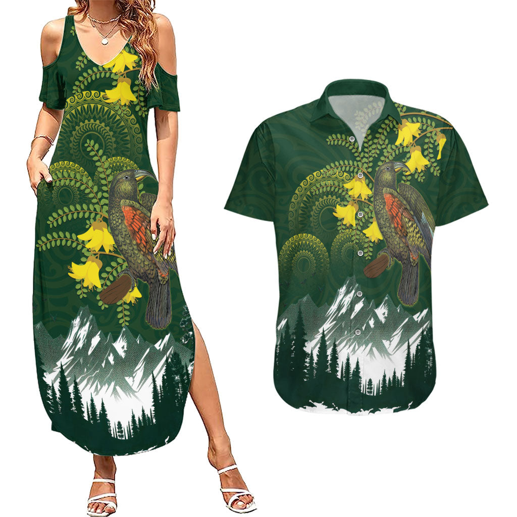 Kea Bird Kowhai New Zealand Couples Matching Summer Maxi Dress and Hawaiian Shirt Mountain Landscape Maori Art