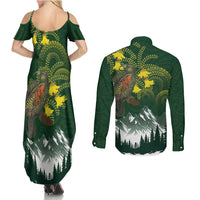 Kea Bird Kowhai New Zealand Couples Matching Summer Maxi Dress and Long Sleeve Button Shirt Mountain Landscape Maori Art LT22 - Polynesian Pride