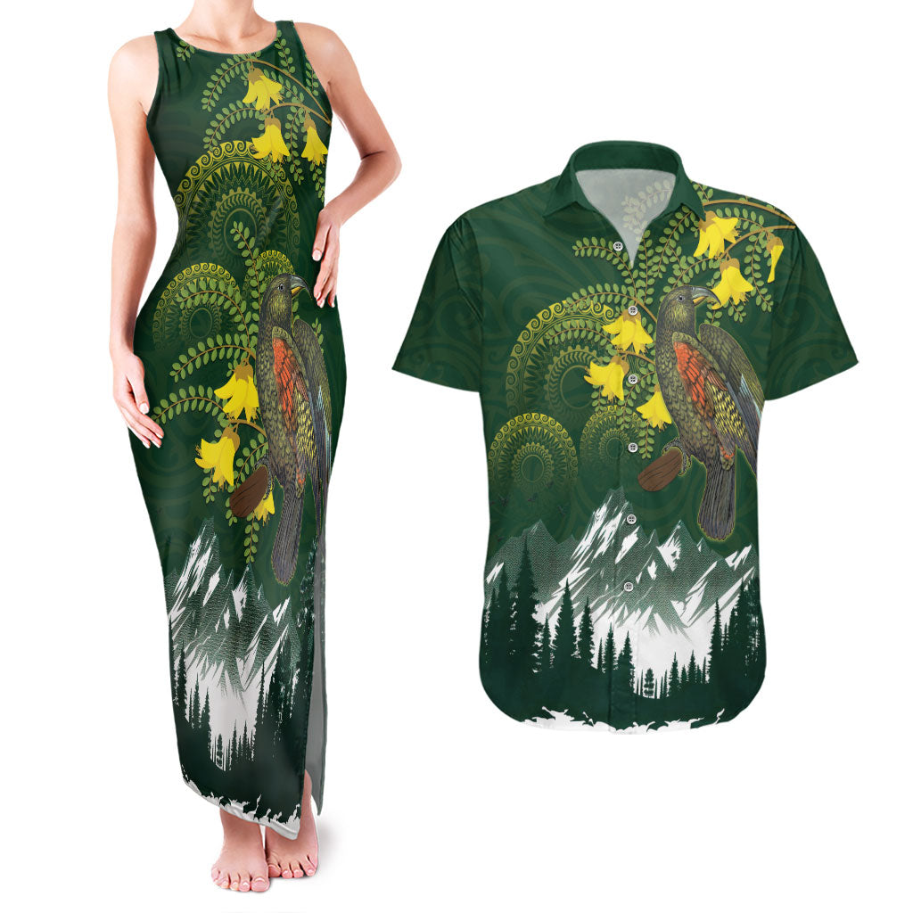 Kea Bird Kowhai New Zealand Couples Matching Tank Maxi Dress and Hawaiian Shirt Mountain Landscape Maori Art LT22 Green - Polynesian Pride