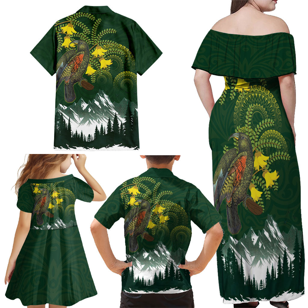 Kea Bird Kowhai New Zealand Family Matching Off Shoulder Maxi Dress and Hawaiian Shirt Mountain Landscape Maori Art LT22 - Polynesian Pride