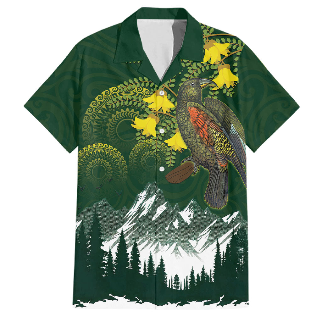 Kea Bird Kowhai New Zealand Family Matching Off Shoulder Short Dress and Hawaiian Shirt Mountain Landscape Maori Art LT22 Dad's Shirt - Short Sleeve Green - Polynesian Pride