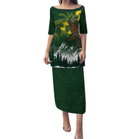 Kea Bird Kowhai New Zealand Family Matching Puletasi and Hawaiian Shirt Mountain Landscape Maori Art LT22 Mom's Dress Green - Polynesian Pride