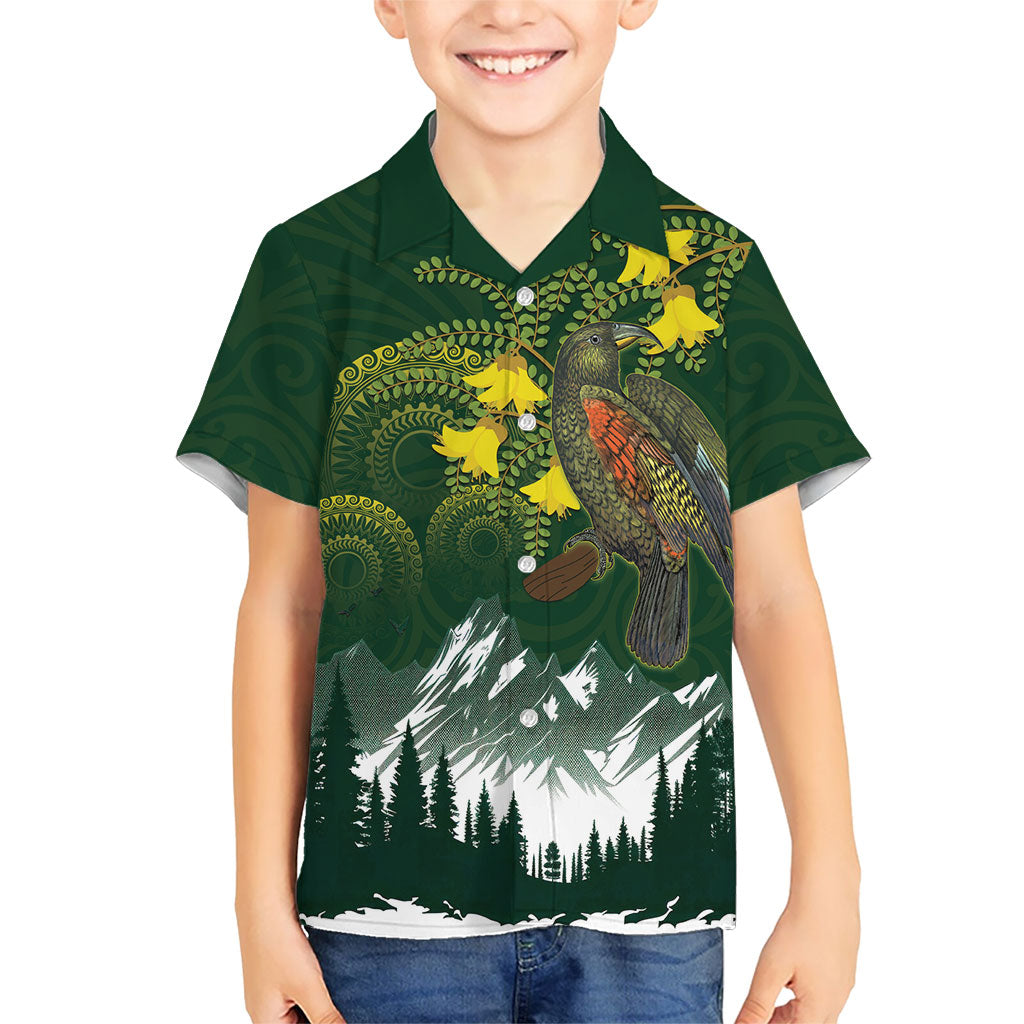 Kea Bird Kowhai New Zealand Family Matching Puletasi and Hawaiian Shirt Mountain Landscape Maori Art LT22 Son's Shirt Green - Polynesian Pride