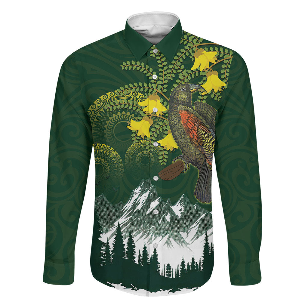 Kea Bird Kowhai New Zealand Family Matching Summer Maxi Dress and Hawaiian Shirt Mountain Landscape Maori Art LT22 Dad's Shirt - Long Sleeve Green - Polynesian Pride