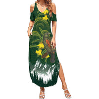 Kea Bird Kowhai New Zealand Family Matching Summer Maxi Dress and Hawaiian Shirt Mountain Landscape Maori Art LT22 Mom's Dress Green - Polynesian Pride