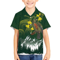 Kea Bird Kowhai New Zealand Family Matching Summer Maxi Dress and Hawaiian Shirt Mountain Landscape Maori Art LT22 Son's Shirt Green - Polynesian Pride