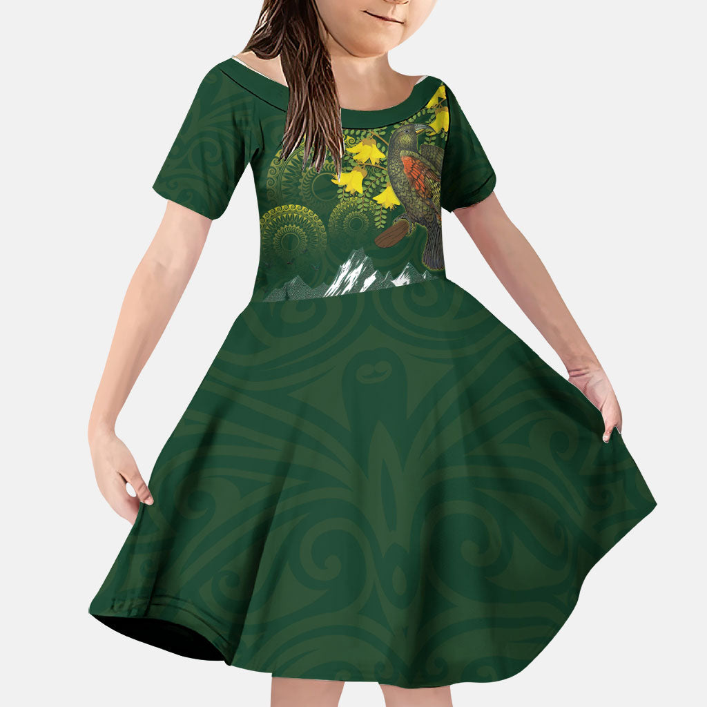 Kea Bird Kowhai New Zealand Family Matching Tank Maxi Dress and Hawaiian Shirt Mountain Landscape Maori Art LT22 Daughter's Dress Green - Polynesian Pride