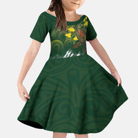 Kea Bird Kowhai New Zealand Family Matching Tank Maxi Dress and Hawaiian Shirt Mountain Landscape Maori Art LT22 Daughter's Dress Green - Polynesian Pride