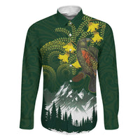 Kea Bird Kowhai New Zealand Family Matching Tank Maxi Dress and Hawaiian Shirt Mountain Landscape Maori Art LT22 Dad's Shirt - Long Sleeve Green - Polynesian Pride