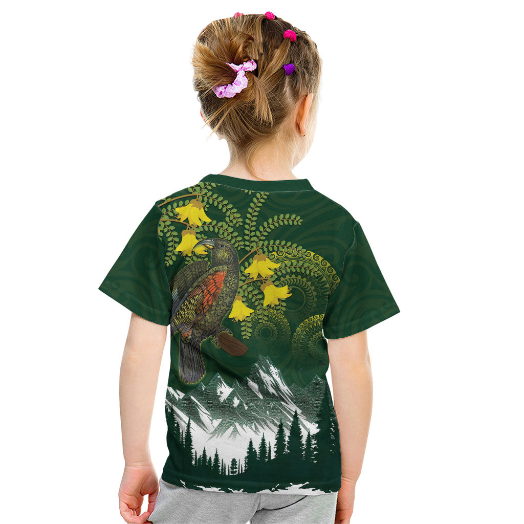 Kea Bird Kowhai New Zealand Kid T Shirt Mountain Landscape Maori Art LT22 - Polynesian Pride