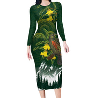 Kea Bird Kowhai New Zealand Long Sleeve Bodycon Dress Mountain Landscape Maori Art LT22 Long Dress Green - Polynesian Pride