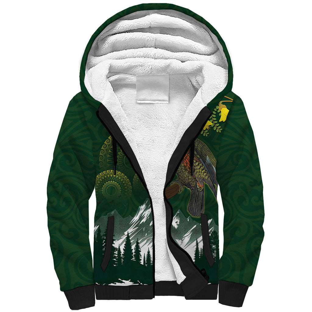 Kea Bird Kowhai New Zealand Sherpa Hoodie Mountain Landscape Maori Art LT22 Unisex Green - Polynesian Pride