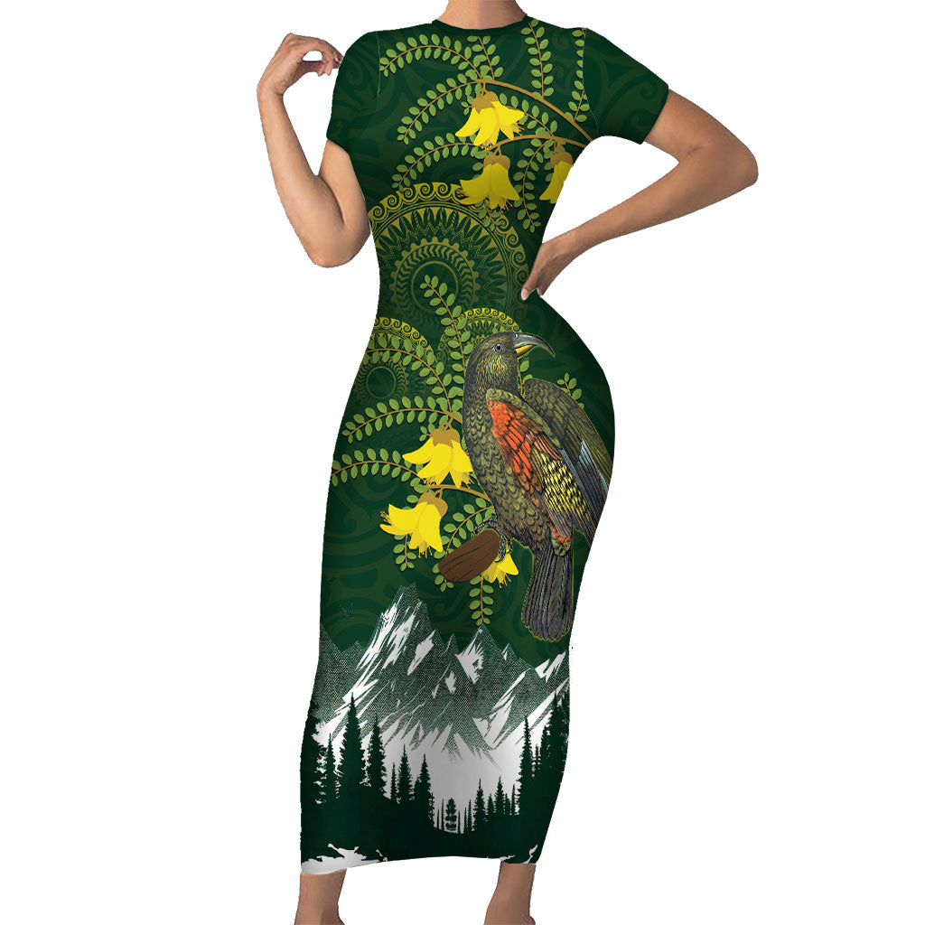 Kea Bird Kowhai New Zealand Short Sleeve Bodycon Dress Mountain Landscape Maori Art LT22 Long Dress Green - Polynesian Pride