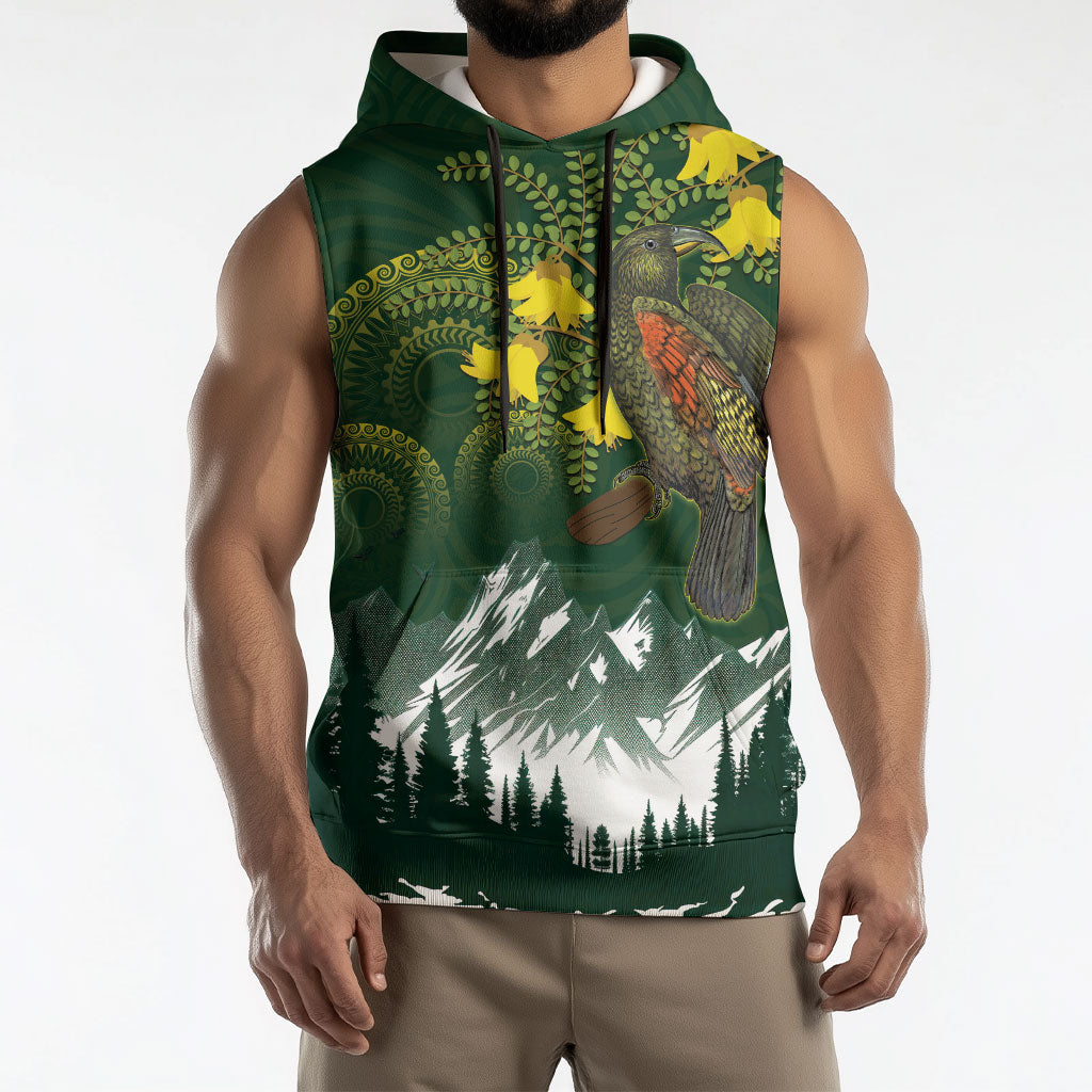 Kea Bird Kowhai New Zealand Sleeveless Hoodie Mountain Landscape Maori Art