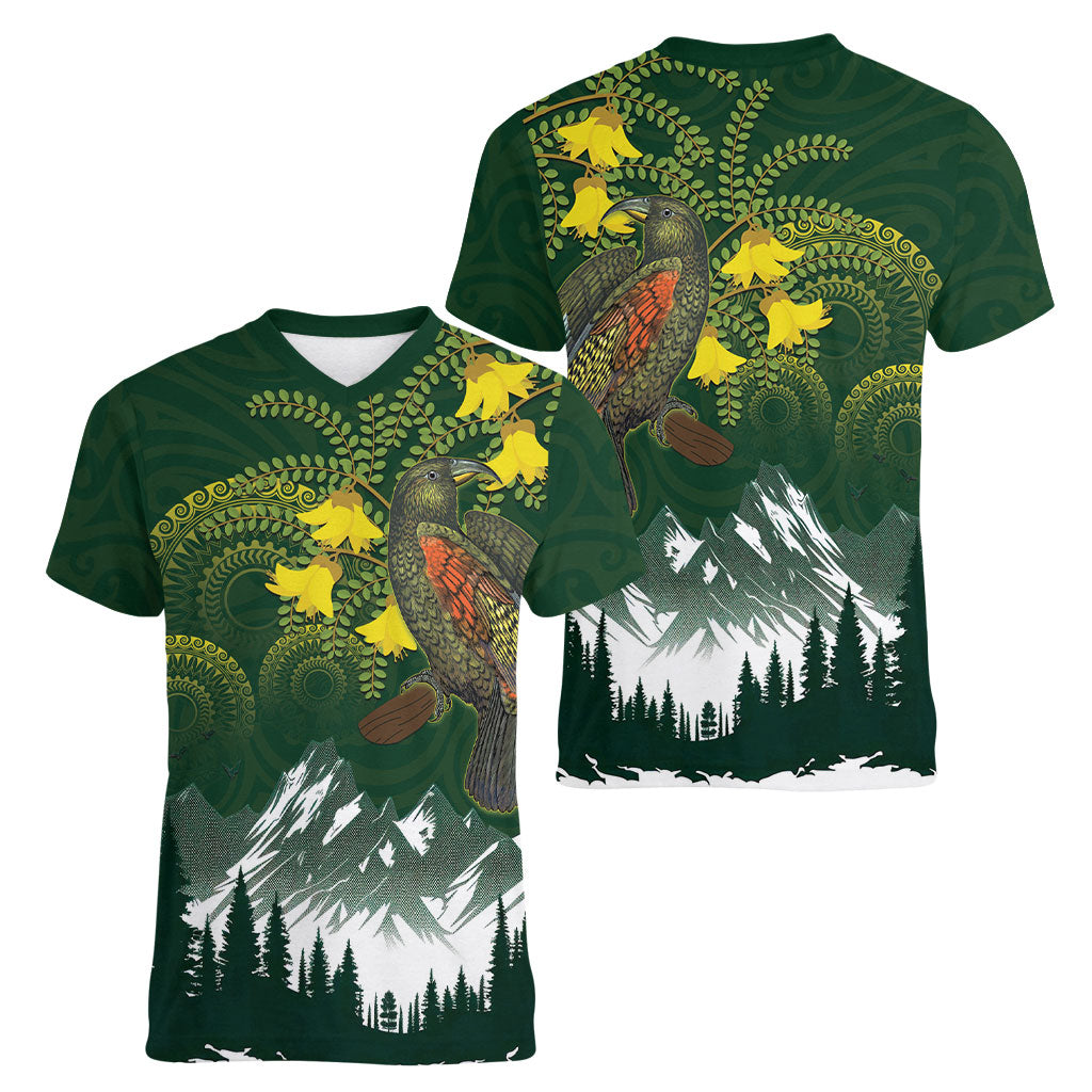 Kea Bird Kowhai New Zealand Women V-Neck T-Shirt Mountain Landscape Maori Art LT22 - Polynesian Pride