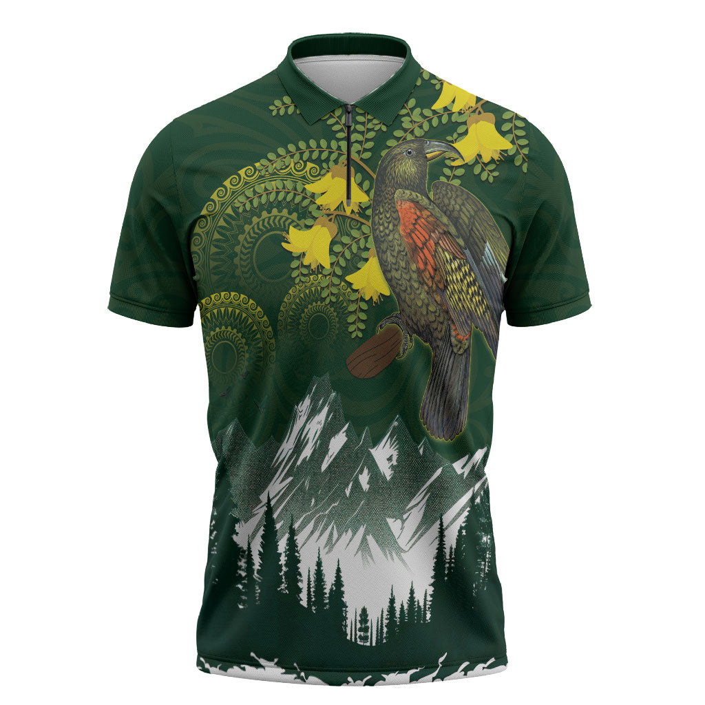 Kea Bird Kowhai New Zealand Zipper Polo Shirt Mountain Landscape Maori Art LT22 Green - Polynesian Pride