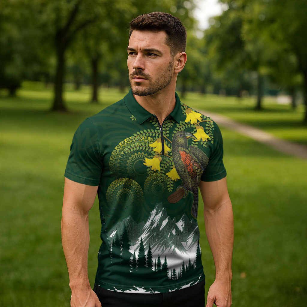 Kea Bird Kowhai New Zealand Zipper Polo Shirt Mountain Landscape Maori Art LT22 - Polynesian Pride
